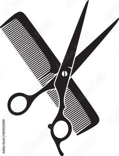 Crossed hair scissors and comb silhouette for barber shop logo design and professional hairstyling equipment icon set