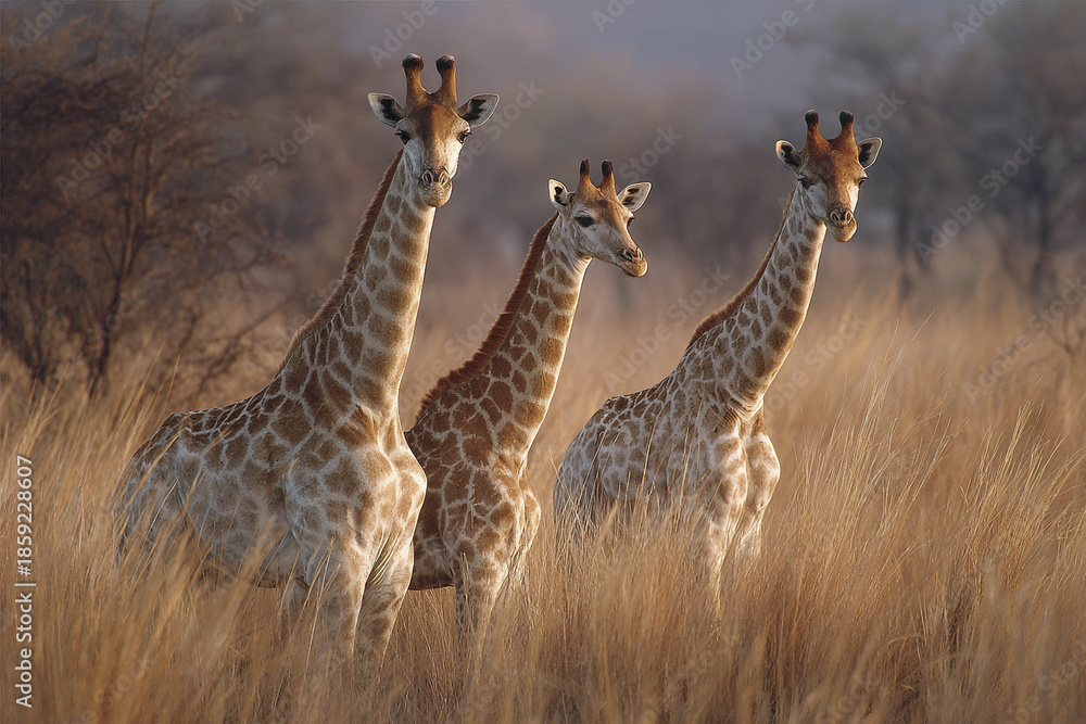 Obraz premium Giraffe family standing in tall dry grass with blurred natural background, wildlife photography capturing calm and majestic animals in their habitat