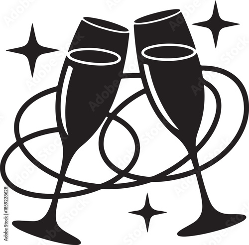 Celebration toast two champagne glasses tied together with elaborate swirling lines and decorative sparkles black silhouette vector