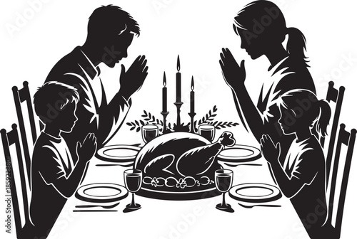A silhouetted family gathers around a festive dinner table, bowing their heads in prayer before enjoying a traditional holiday meal together.