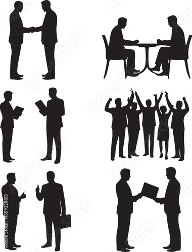 Business people silhouettes shaking hands concluding deal discussing strategy celebrating success reviewing contracts teamwork corporate environment executives