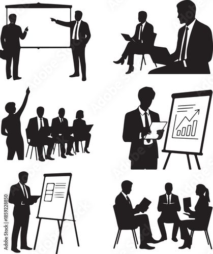 Business people presentation meeting and training vector silhouettes set professional group discussion illustration