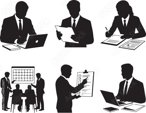 Business executives working on paperwork using laptops and in group meeting vector silhouettes collection set