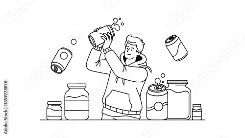 A person is shaking a bottle with cans and jars around them.