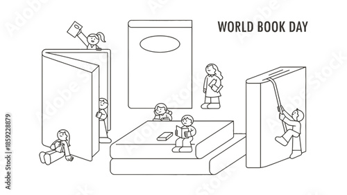 Children interact with giant books to celebrate World Book Day.