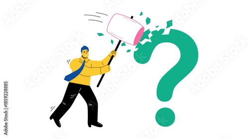 Man smashing a large question mark with a hammer, symbolizing problem-solving.