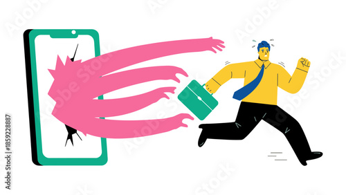 Man running away from a pink hand reaching out of a smartphone screen.