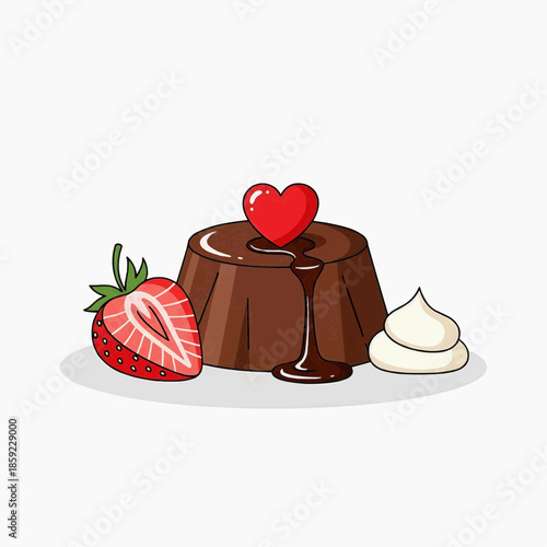 A delicious chocolate dessert with a strawberry and whipped cream on a white background