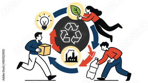 People participate in a circular economy with recycling and sustainability concepts.