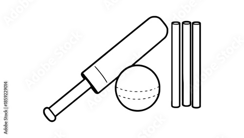 A cricket bat, ball, and stumps are depicted in a line drawing.
