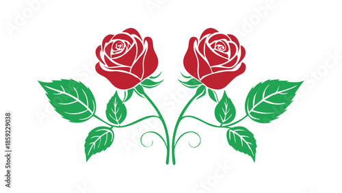 Two red roses with green leaves are symmetrically arranged.