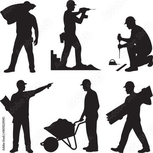 Silhouettes featuring construction workers performing tasks such as carrying lumber drilling walls and pushing a full wheelbarrow vector graphic.