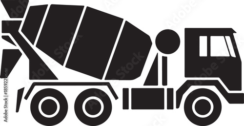 A stark black silhouette of a concrete mixer truck on a white background representing construction and industry silhouette
