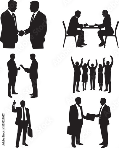 Business people silhouettes showing agreement partnership teamwork and meeting interactions in office settings
