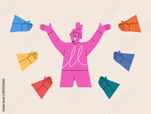 Girl happy with applause review and appreciation. Colorful vector illustration