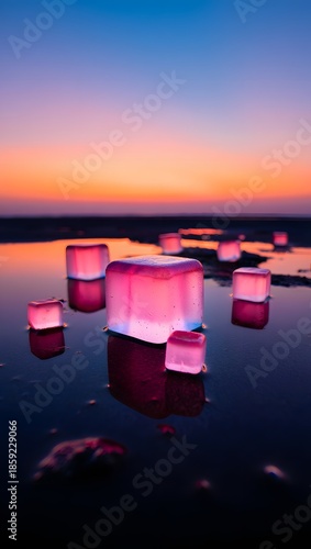 Vibrant ice cubes on water at colorful sunset