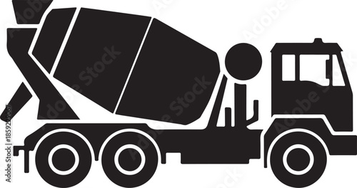 A stark black silhouette of a concrete mixer truck on a white background representing construction and industry silhouette