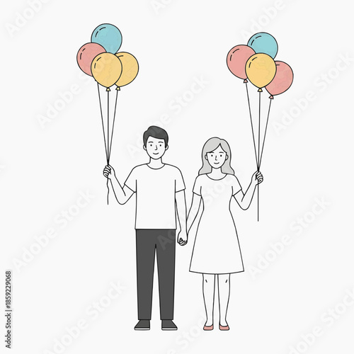 A happy couple holding colorful balloons together in a joyful celebration