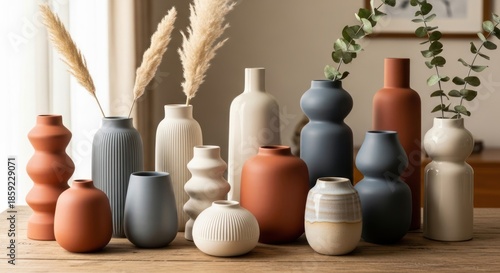 Collection of Decorative Vases in Various Shapes and Colors.
