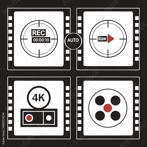 Film reel frames displaying recording auto raw and resolution options
