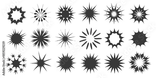 Collection of various starburst shapes and explosion effects on a black background