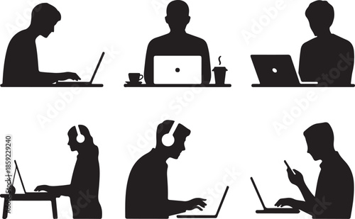 People working on laptops computers wearing headphones typing keyboard remote learning data entry freelance jobs internet users desktop activity