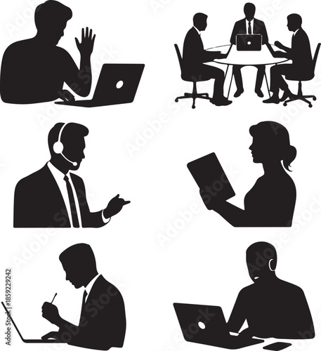 Business people silhouettes working on computers consulting clients having meetings discussing projects communicating online telecommuting teamwork