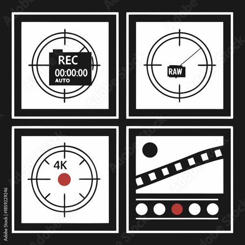 Film and video production icons recording raw footage resolution and filmstrip