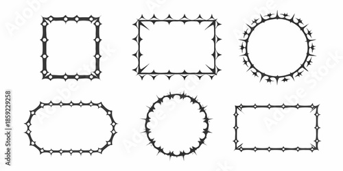 Black and white illustration of thorny frames in various geometric shapes