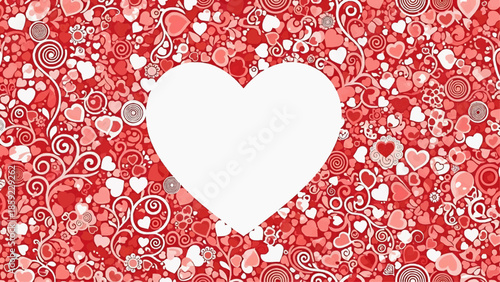 A large white heart is centered on a vibrant red background filled with various heart designs