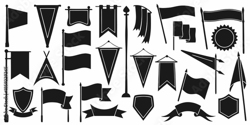 A collection of various black and white heraldic flags and decorative banners