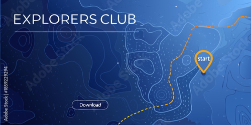 Explorers club graphic with a topographic map and journey path illustration