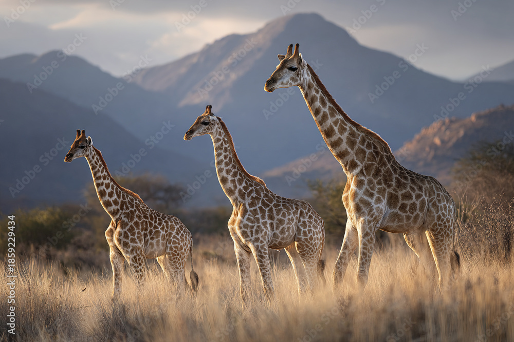 Obraz premium Giraffe family standing in dry grassland with mountain background during golden hour light, showing wildlife beauty and natural African habitat in serene atmosphere