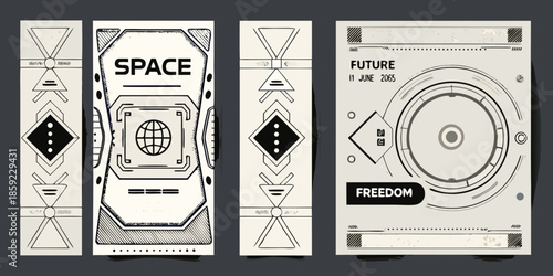 Retro futuristic space themed illustrations with geometric designs and text elements