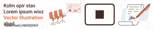 Business planning, design presentation, workflow organization, corporate meetings, office processes, document approvals. Image shows chairs, a presentation board, square icon and a signed paper