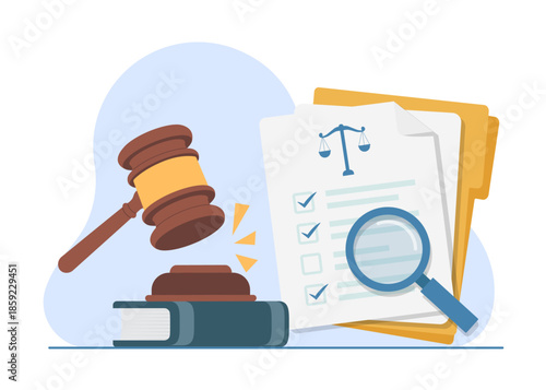 Legal Policy Document with Judge Hammer stock illustration.