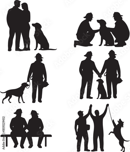 Firefighter and service dog silhouettes in various poses illustrating companionship mutual respect and active duty roles