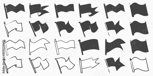 Numerous black flags in varying positions displayed against a white background