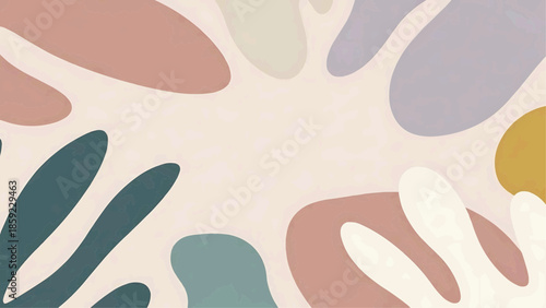 A colorful abstract illustration featuring various shapes and organic forms in pastel hues