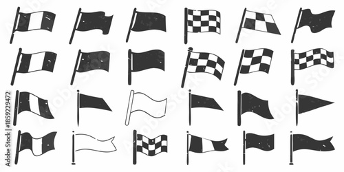 Collection of various black and white racing and decorative flags displayed