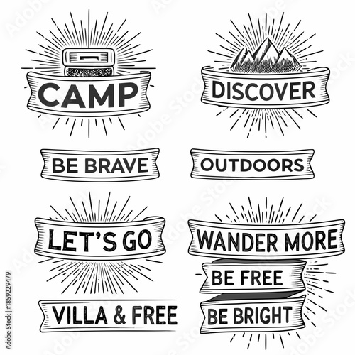 Vintage camping and adventure badges with inspirational quotes in sketched style