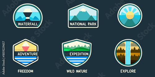 Collection of colorful outdoor adventure badges and national park emblem designs