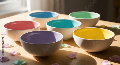 Colorful Bowls on Wooden Table in Natural Light.