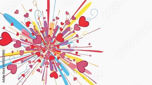 A vibrant and colorful illustration of hearts and lines exploding in a creative design