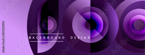 Abstract purple layers create dynamic circular design. Modern gradients suggest depth, movement, visual interest. Minimal text present.