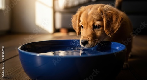 Thirsty puppy drinking water from a blue bowl indoors.