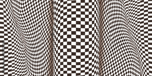 Optical illusion with waving checkered patterns in brown and white tones
