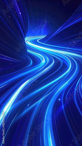Curving, vibrant blue light streaks through dark space