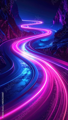 Glowing road winds through dark mountains under starry sky