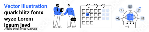 Business collaboration, organization, AI technology, productivity, data interaction, future trends. Two people shaking hands, a calendar and a tech head. Business collaboration and organization